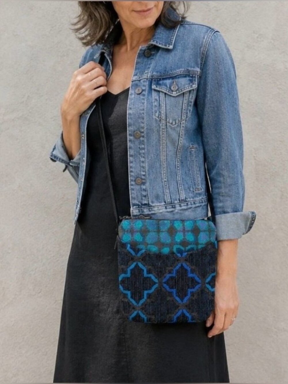 Maruca Cupcake Crossbody Bag Blue Black Geometric Jacquard Handmade Boulder CO